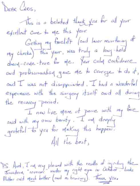 Dr. Tolan handwritten testimonial NW